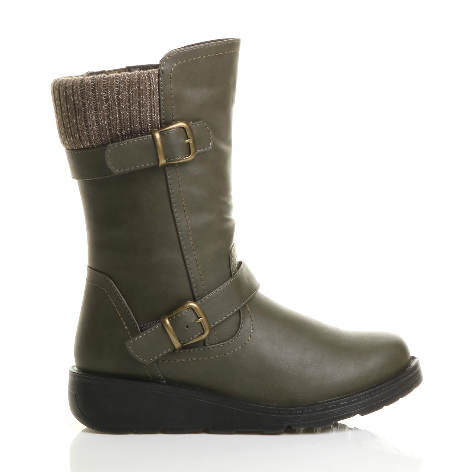 Khaki Low Wedge Heel Comfort Calf Biker Boots, Image 2 of 6