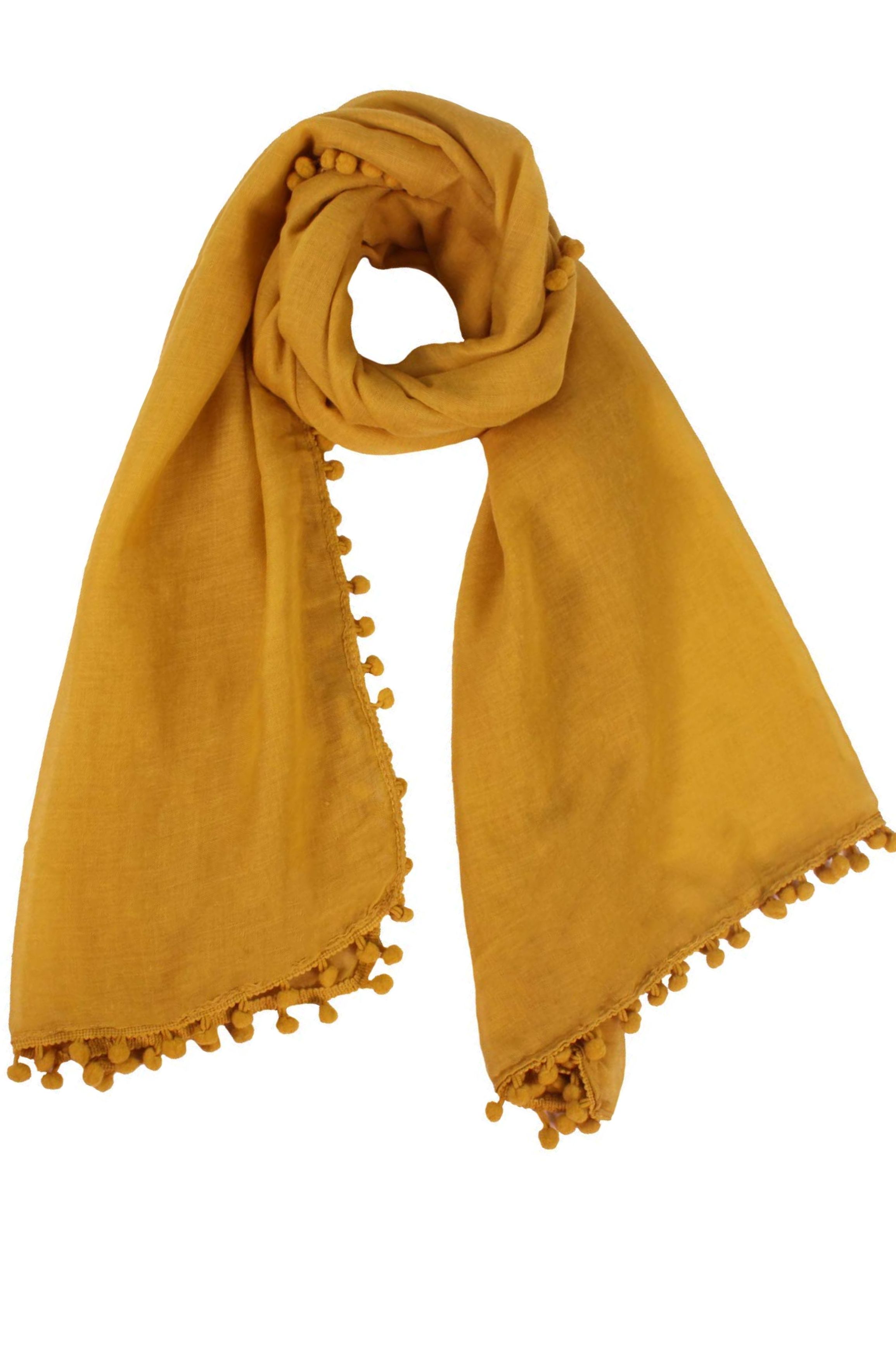 Mustard Lightweight Pom Pom Scarf, Image 4 of 4