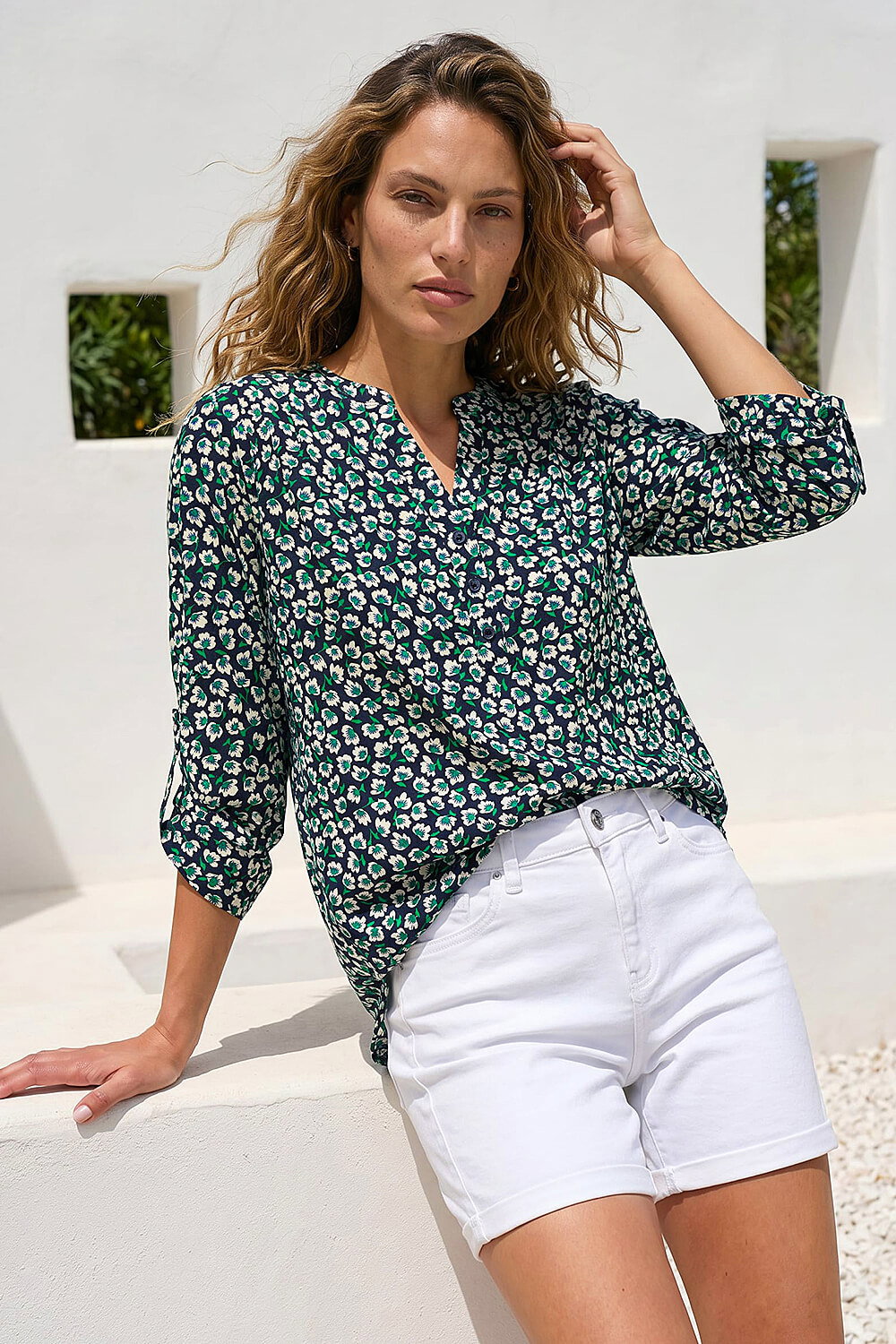 Navy Floral Print 3 Button Shirt, Image 1 of 4