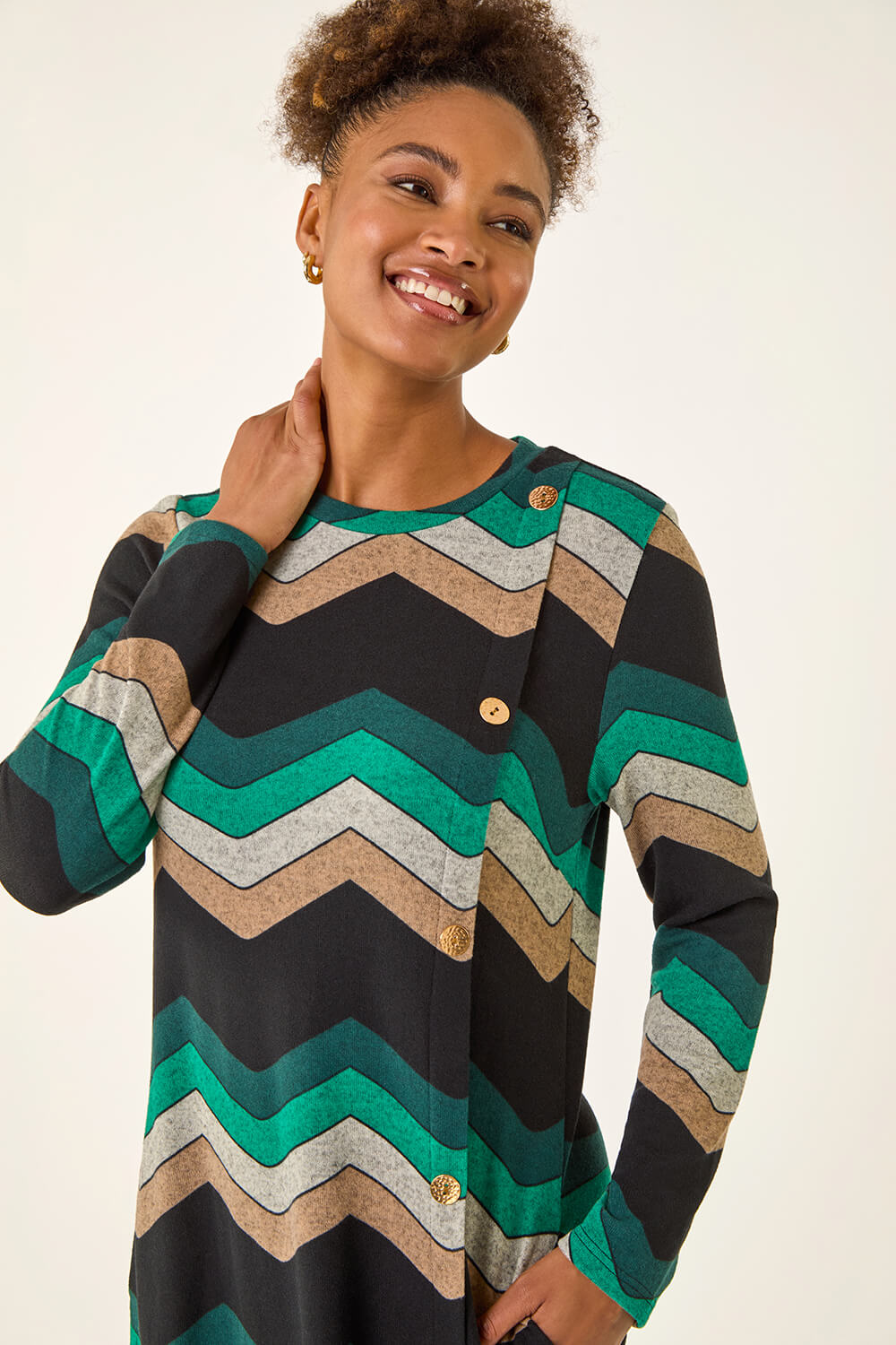 Green Zig Zag Side Button Dress, Image 5 of 5