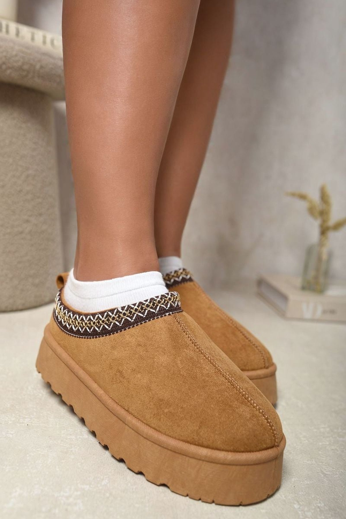Brown iKrush Brown Jolene Aztec Detail Low Ankle Platform Slipper Boots, Image 8 of 8