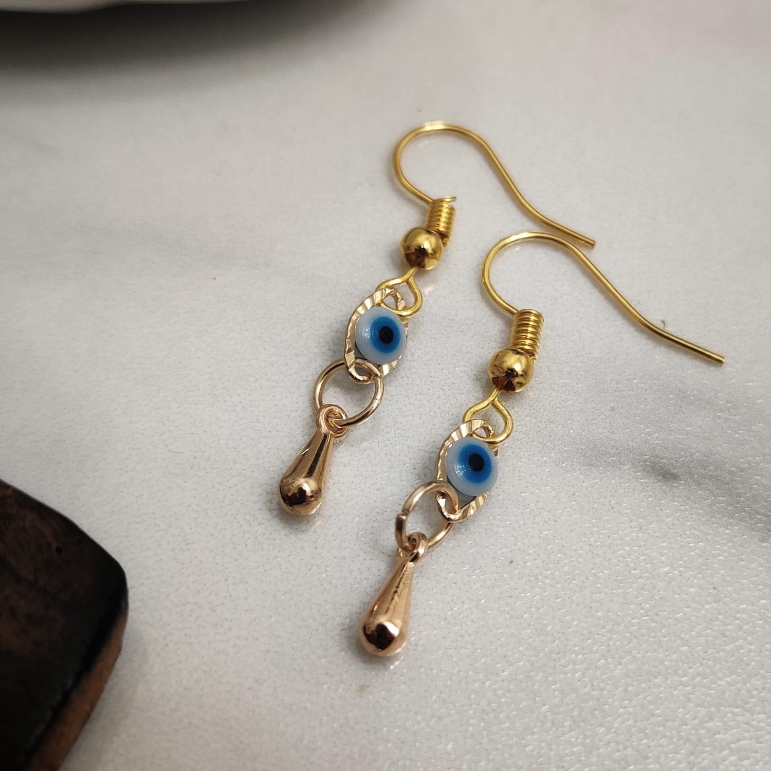 Gold Evil Eye Dangle Earrings Turkish Charm, Image 3 of 6