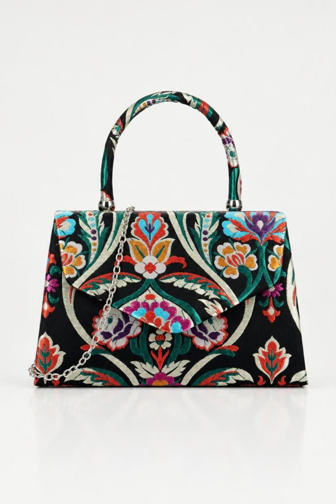 Pink Floral Satin Embroidered Top Handle Bag In Red