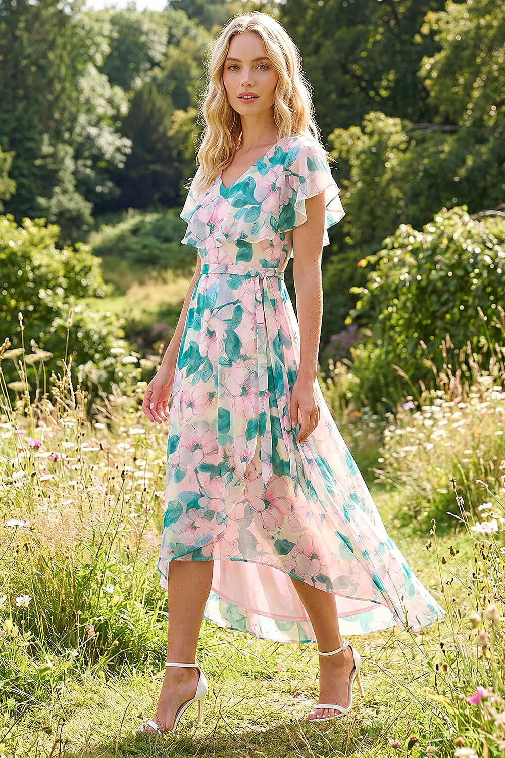 Light Pink Floral Chiffon Dress, Image 3 of 4
