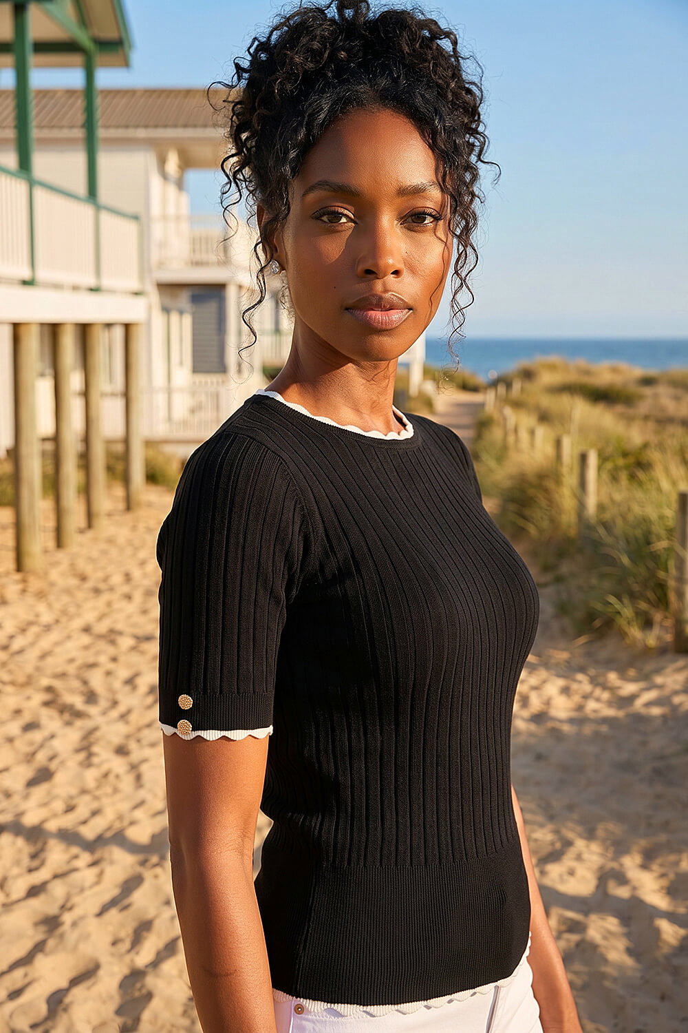 Black Button Detail Ribbed Knit Top, Image 1 of 4