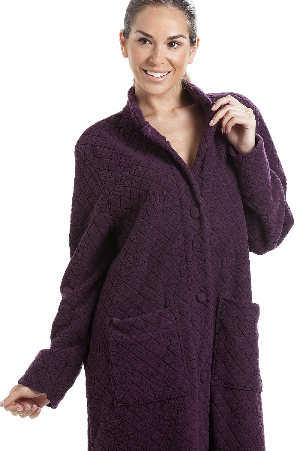 Purple Soft Fleece Floral Button Up Housecoat, Image 5 of 5