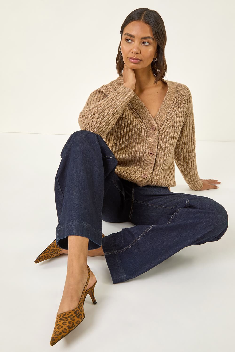 Beige Metallic Button Knit Cardigan, Image 3 of 6