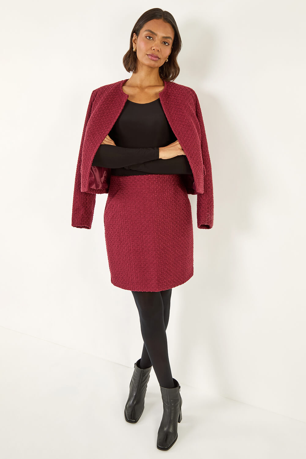 Wine Boucle Textured A-Line Skirt, Image 3 of 5