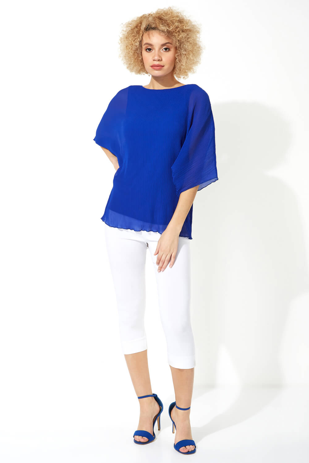 Royal Blue Pleated Chiffon Overlay Top, Image 3 of 8