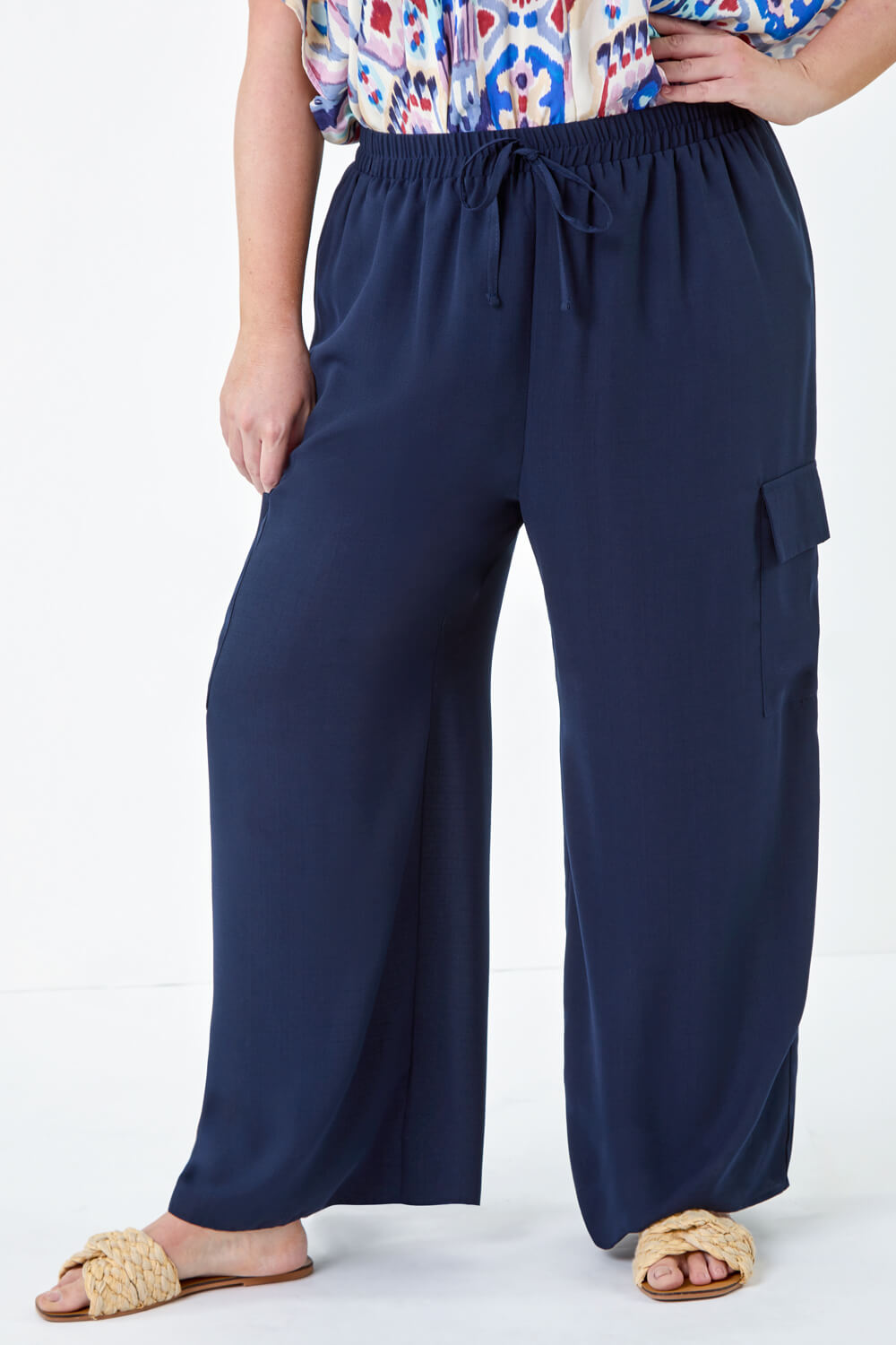 Navy Curve Linen Look Wide Leg Trousers, Image 5 of 5