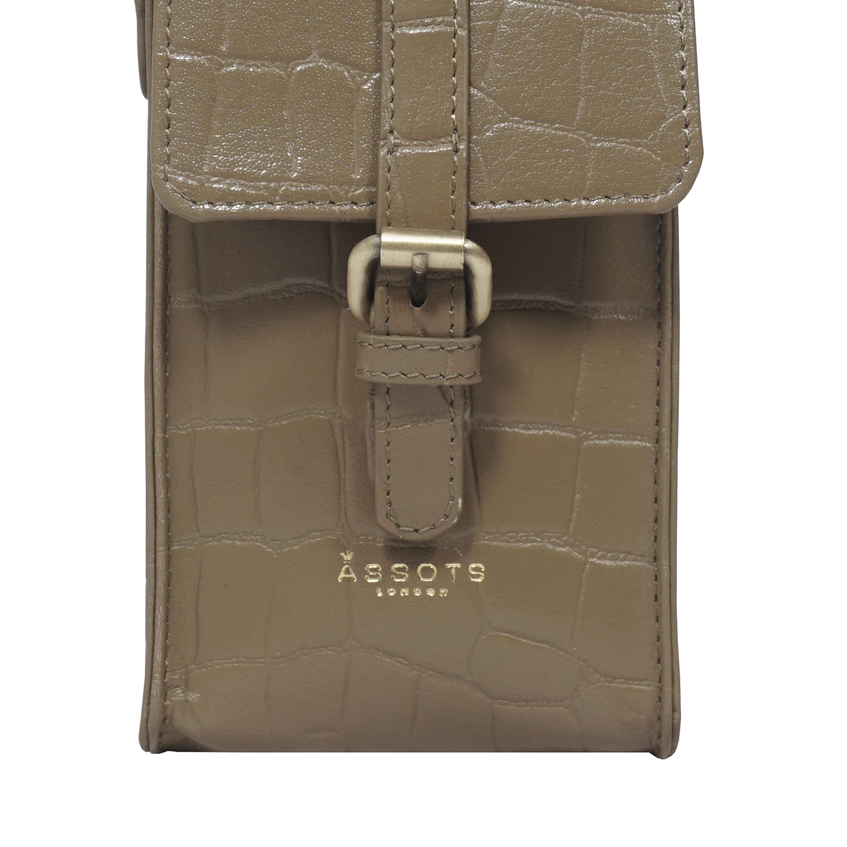 Khaki Assots London Khaki 'PETRA' Croc Real Leather Mobile Phone Crossbody Bag, Image 2 of 6