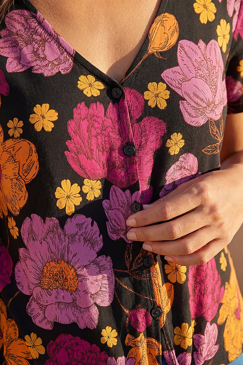 Black Floral Print Tie Front Shirt , Image 5 of 4