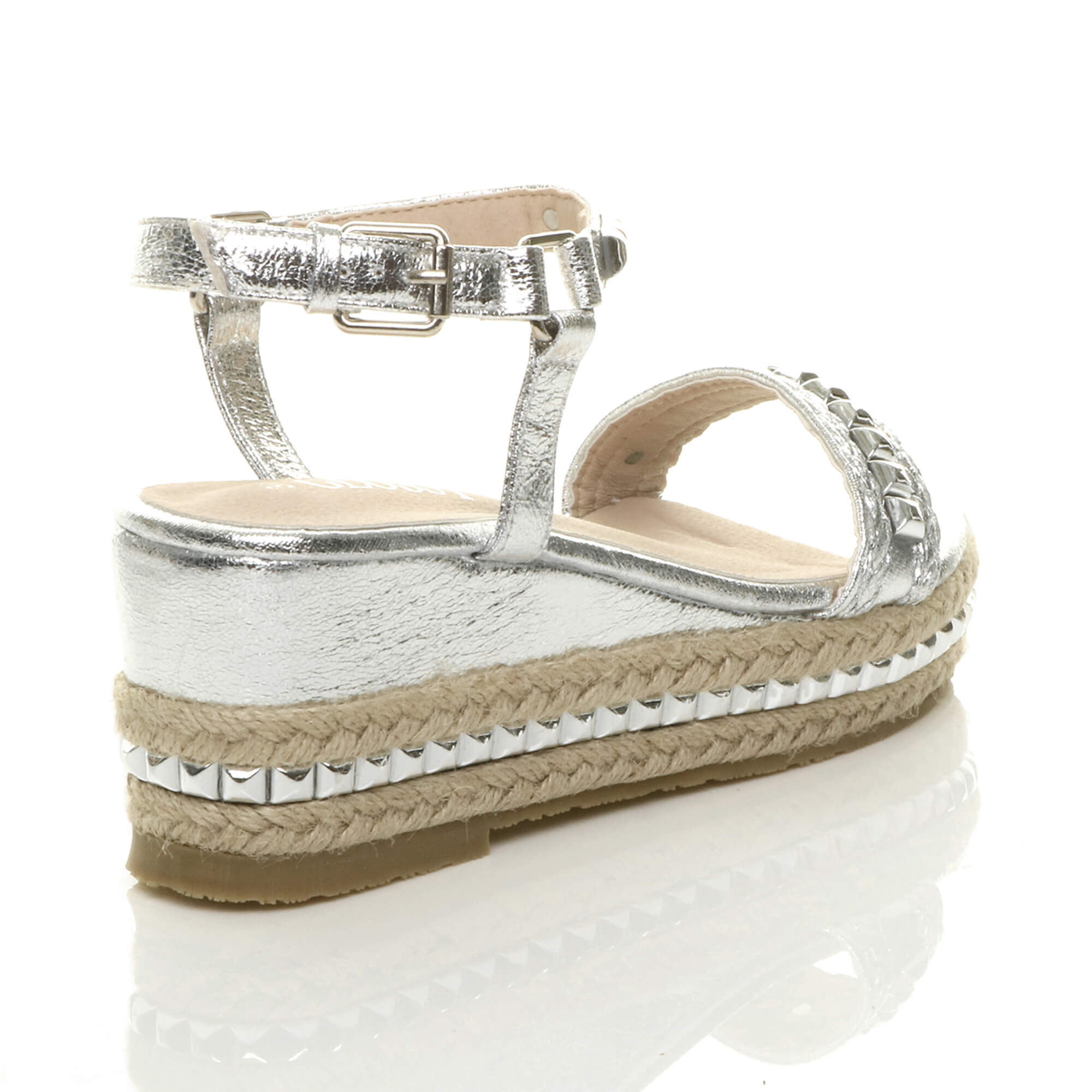 Silver Mid Wedge Studded Flatform Sandals Espadrilles, Image 4 of 6