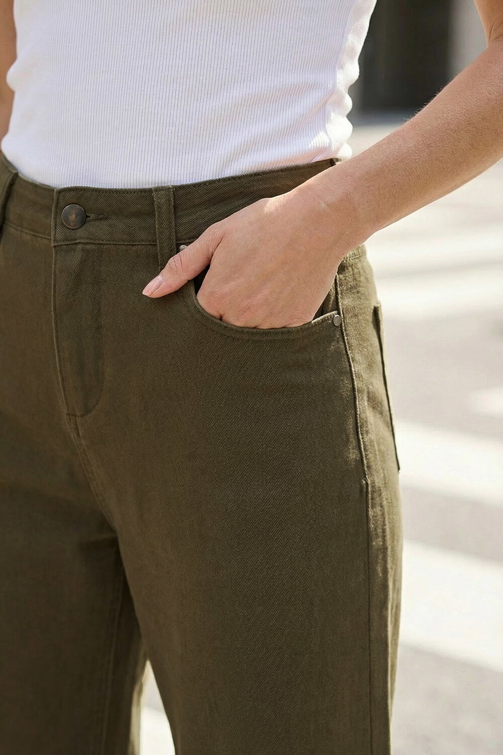 Khaki Petite Cotton Frayed Hem Trouser , Image 5 of 4
