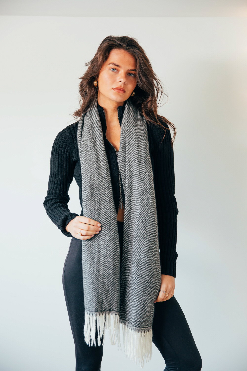 Black Herringbone Tassle Scarf, Image 4 of 5