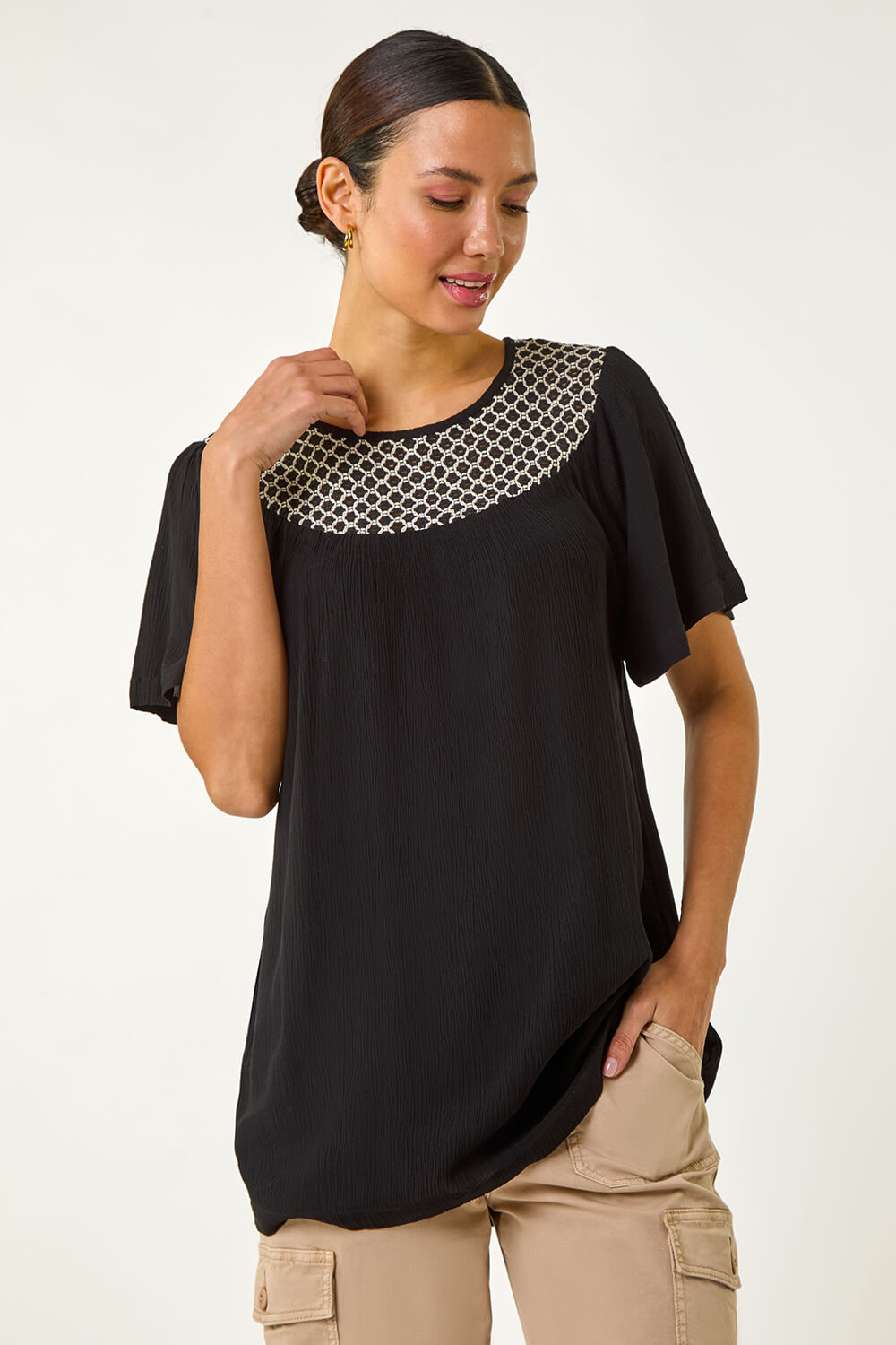 Black Mono Print Crochet Neck Top, Image 1 of 5
