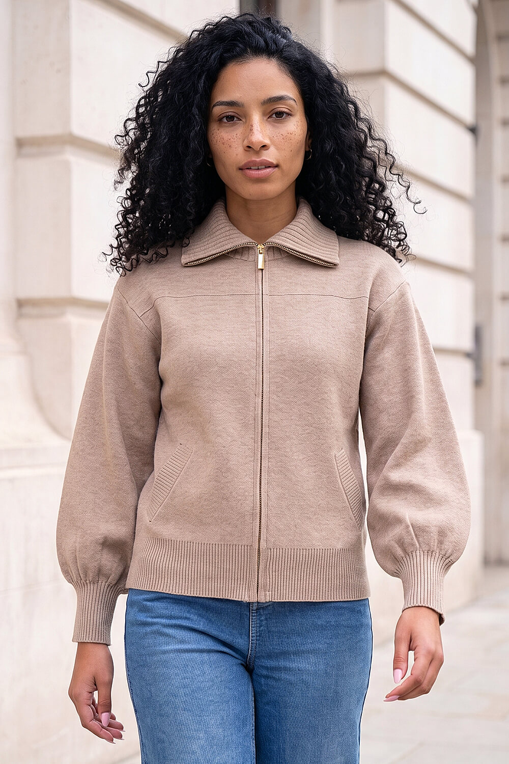 Roman Women's Beige Knitted Bomber Jacket Size 14