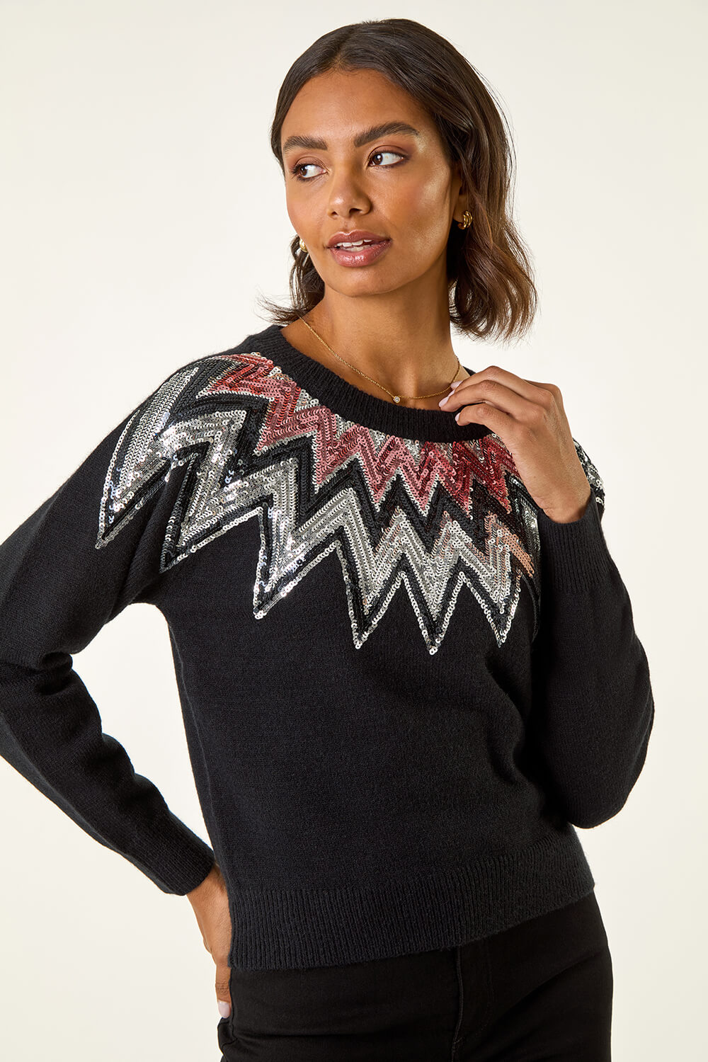 Black Sequin Neckline Knit Jumper, Image 1 of 5