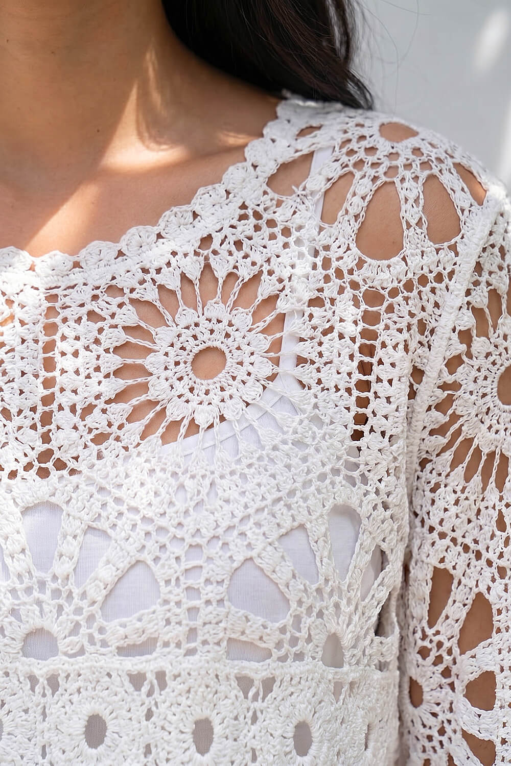 White Petite Crochet Flare Sleeve Top, Image 5 of 4