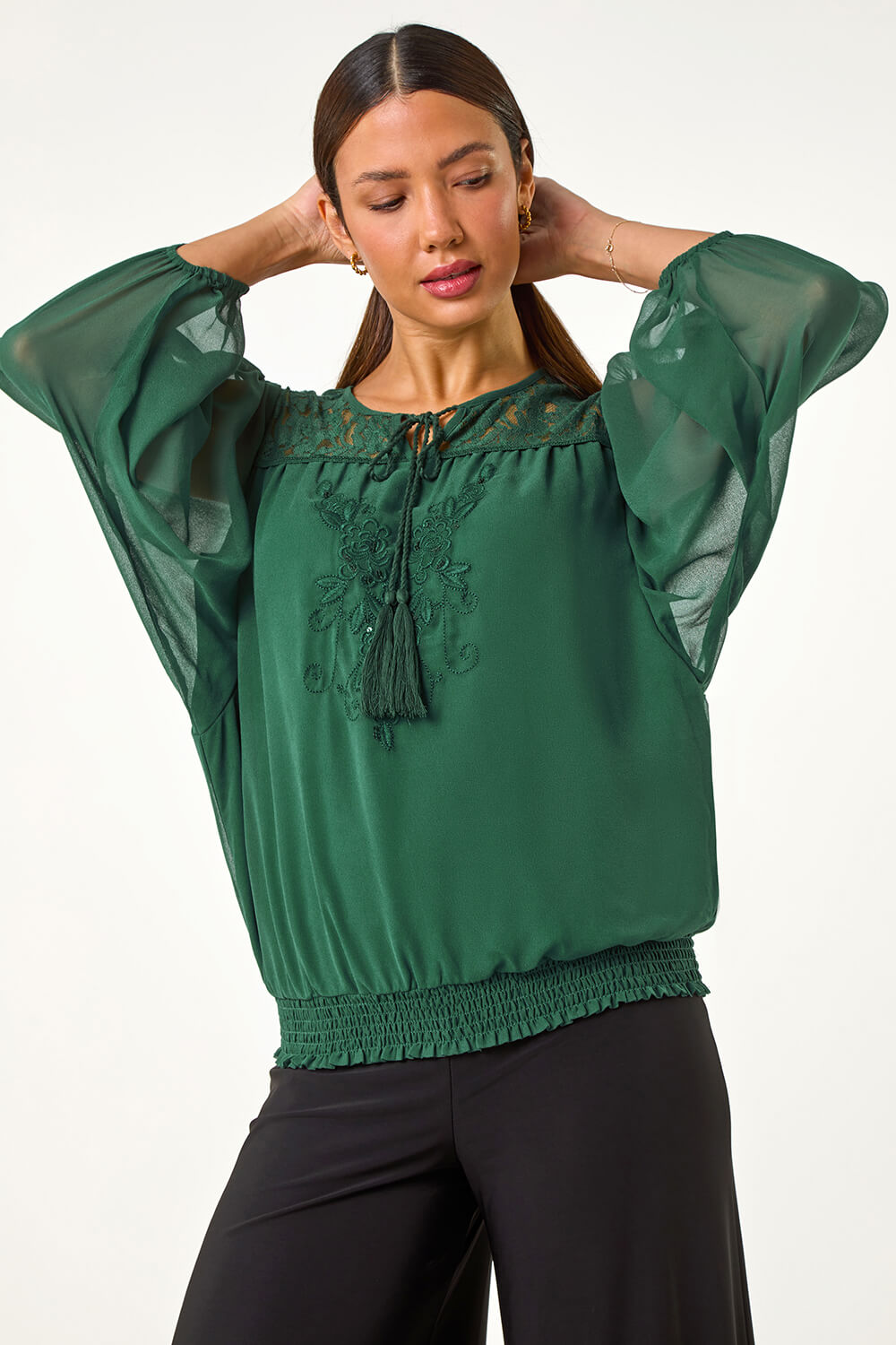Dark Green Embroidered Lace Shirred Hem Top, Image 3 of 5