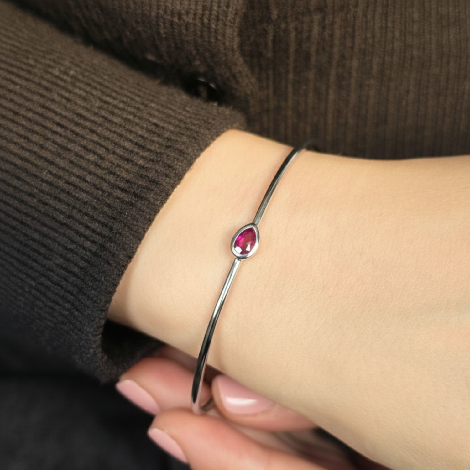 Pink Minimalist Sterling Silver Ruby July Birthstone Bangle Bracelet, Image 3 of 5
