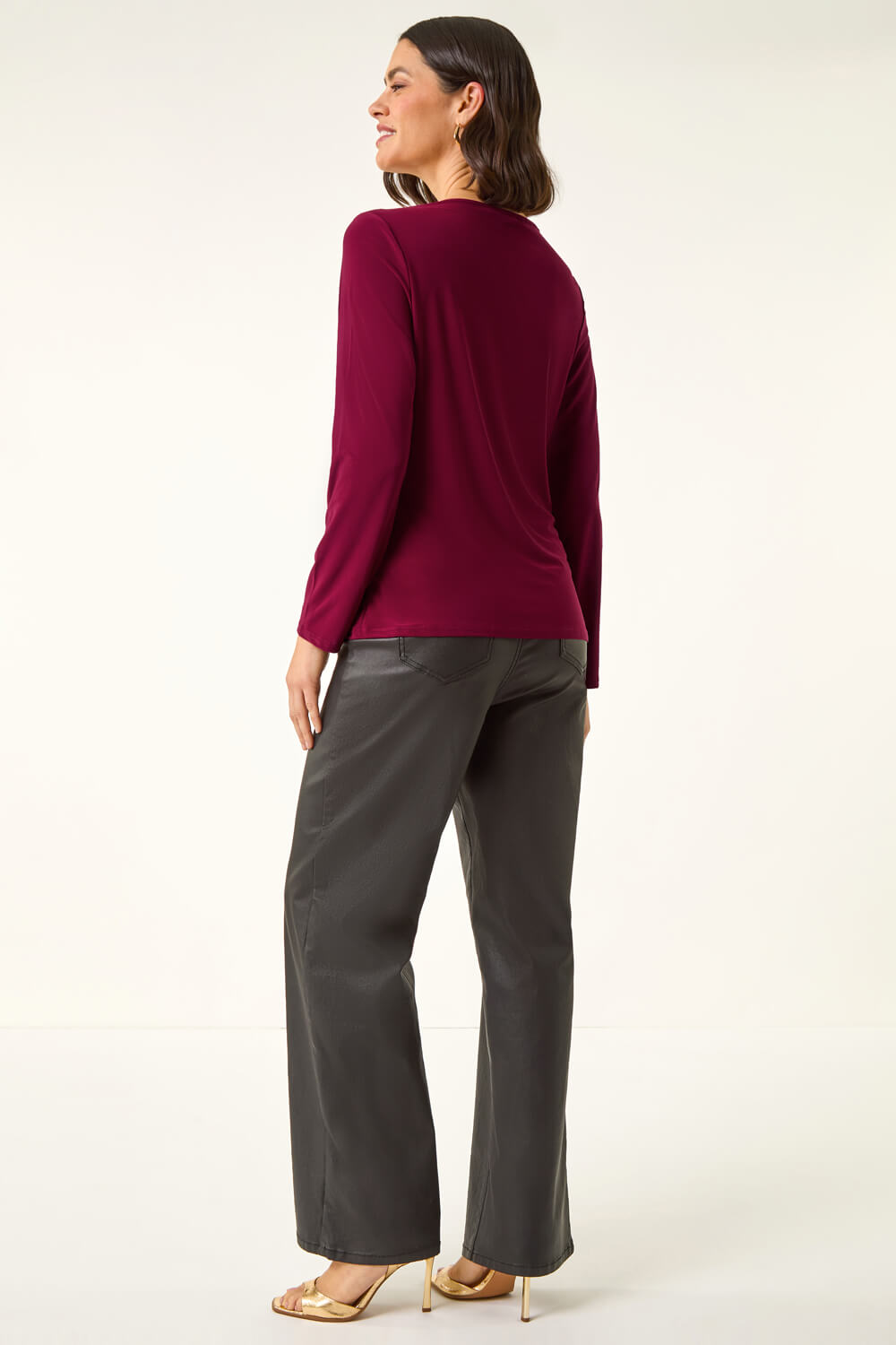 Wine V-Neck Metal Trim Stretch Top, Image 4 of 5