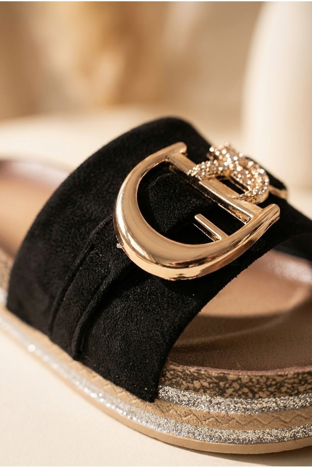 Black Mia Womens Embellished Cork Platform Sliders, Image 3 of 4
