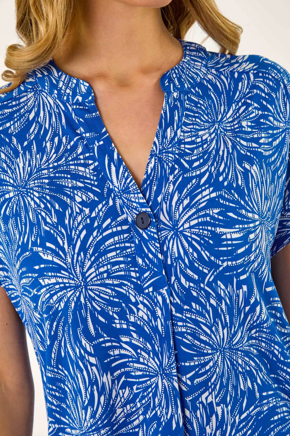Royal Blue Abstract Print V-Neck Stretch Top, Image 6 of 5
