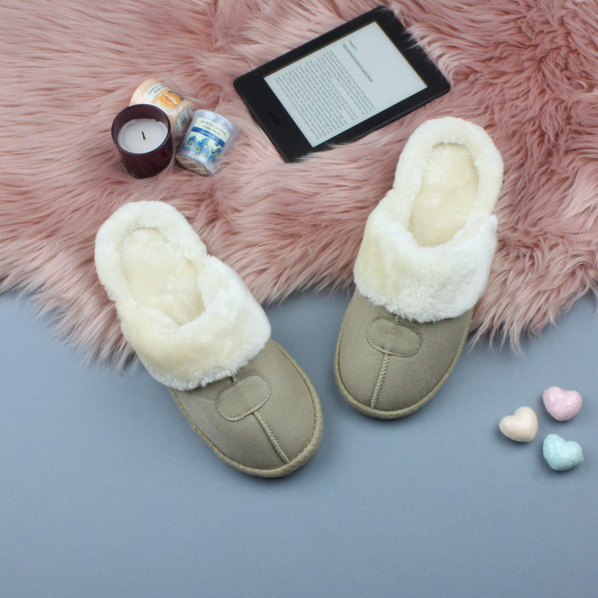 Beige Faux Fur Lined Slip On Memory Foam Mules Slippers, Image 3 of 5