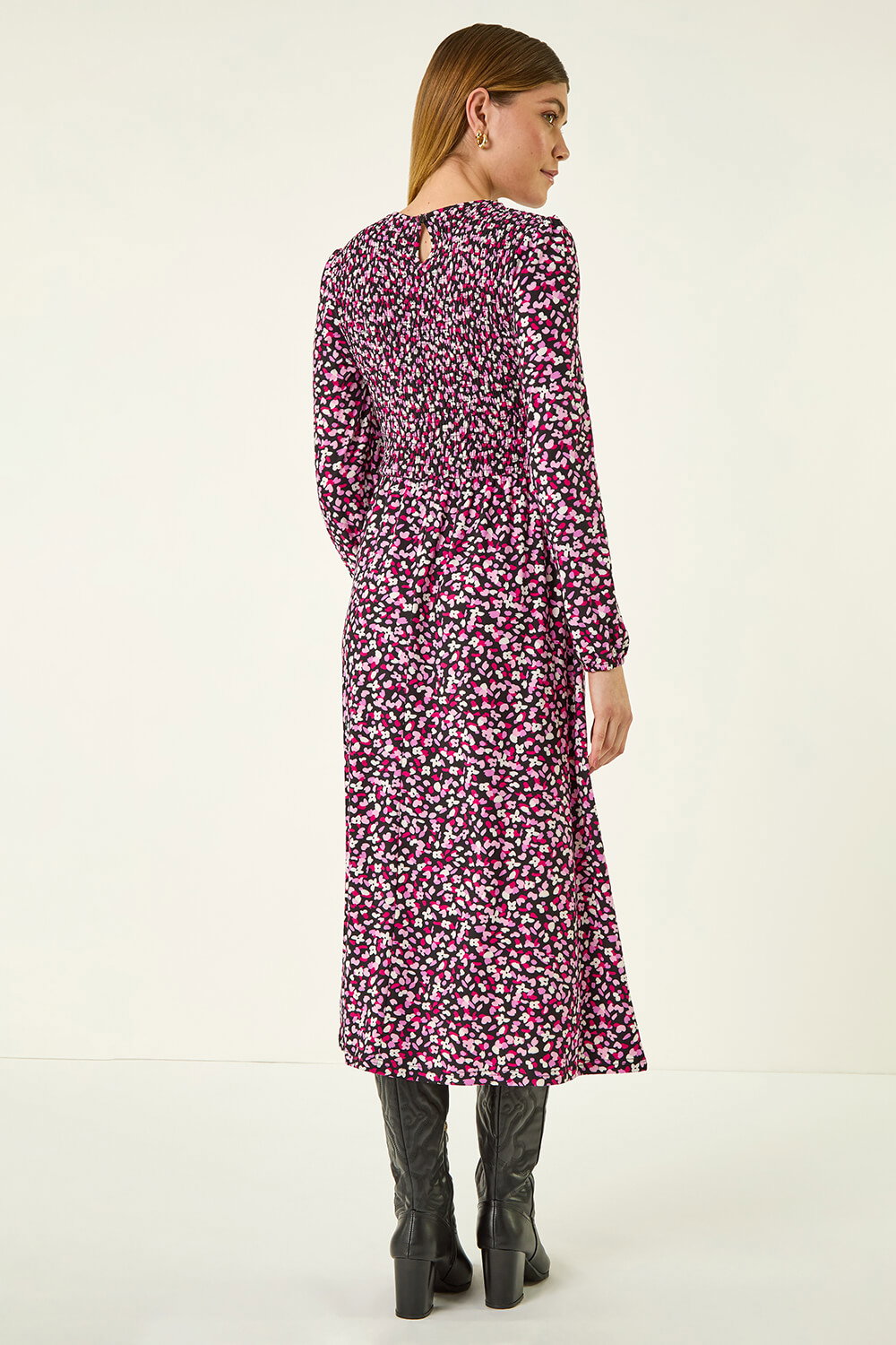 PINK Ditsy Floral Shirred Midi Dress, Image 5 of 7