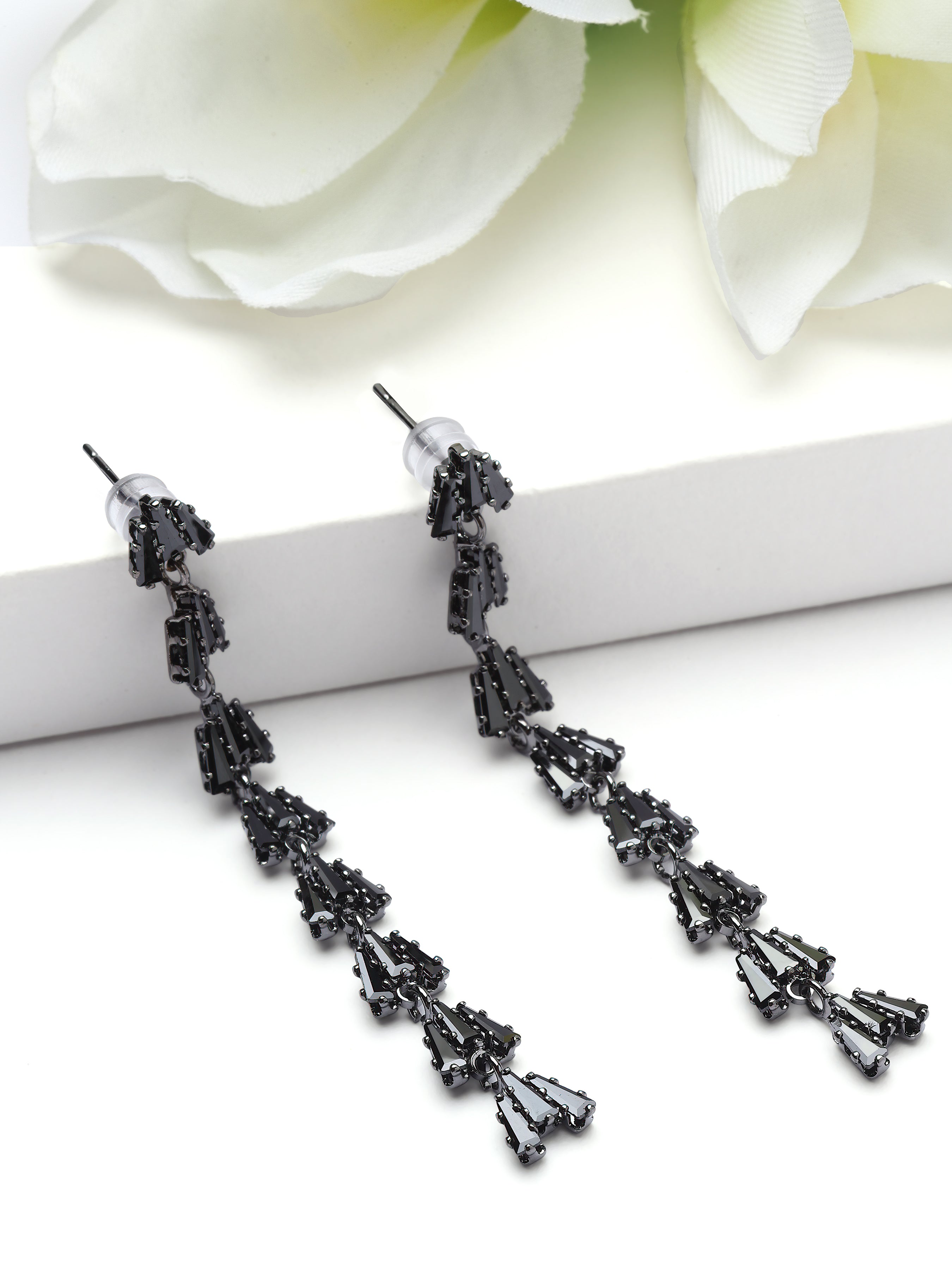 Black Linear Fringe Drop Earrings, Image 3 of 3