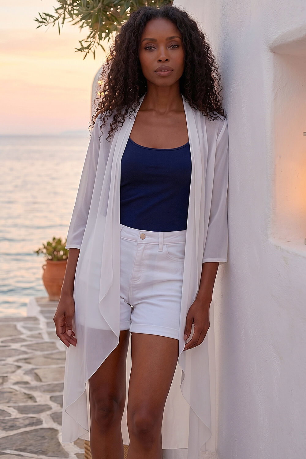 Ivory 3/4 Sleeve Mesh Longline Kimono, Image 3 of 4