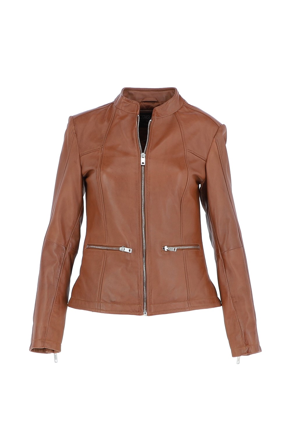 Tan 'Chiara' Mandarin Collar Real Leather Biker Jacket, Image 2 of 5
