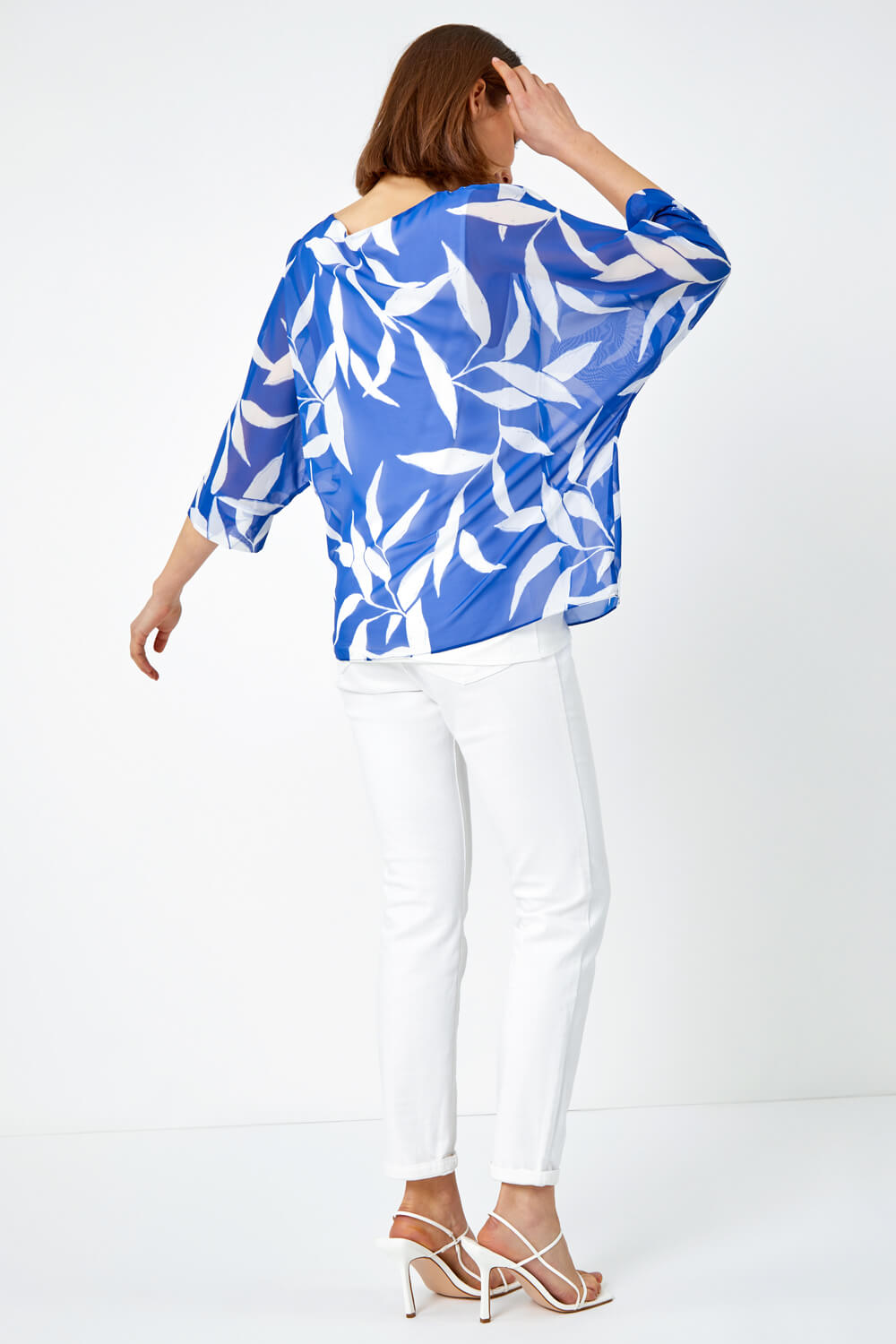 Blue Leaf Print Chiffon Overlay Top, Image 4 of 5
