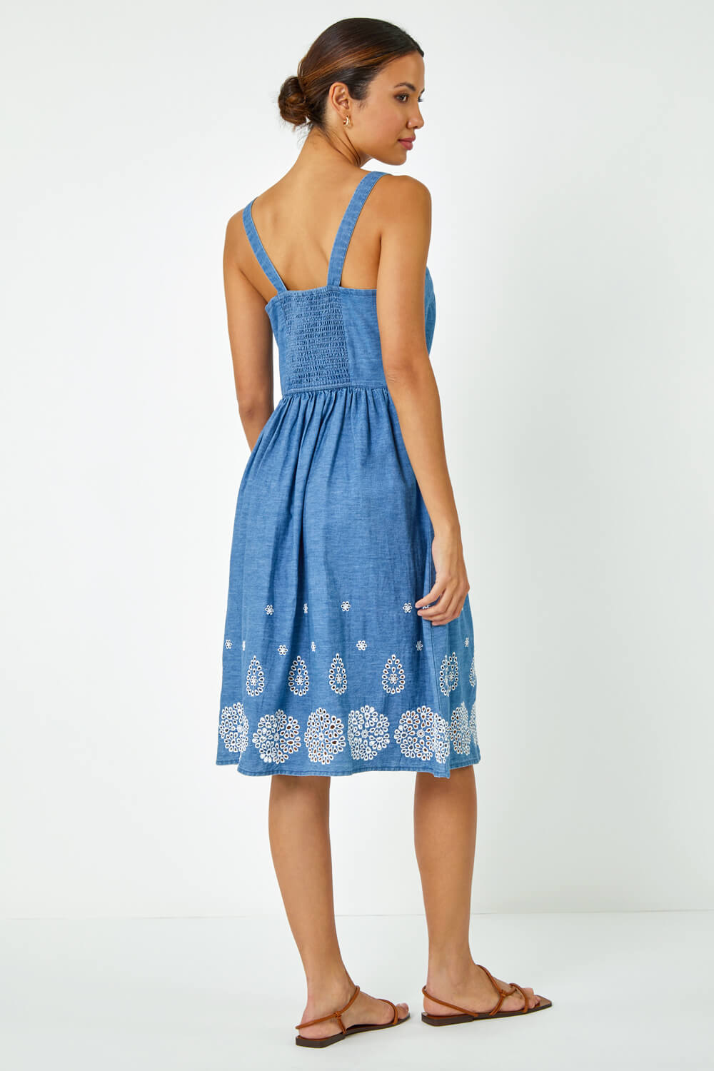 Denim Sleeveless Cotton Embroidered Midi Dress, Image 4 of 5