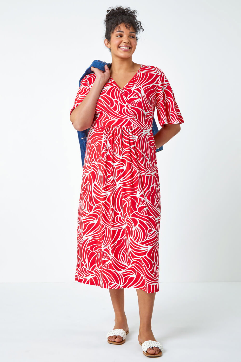 Red Curve Linear Print Midi Wrap Dress, Image 3 of 5