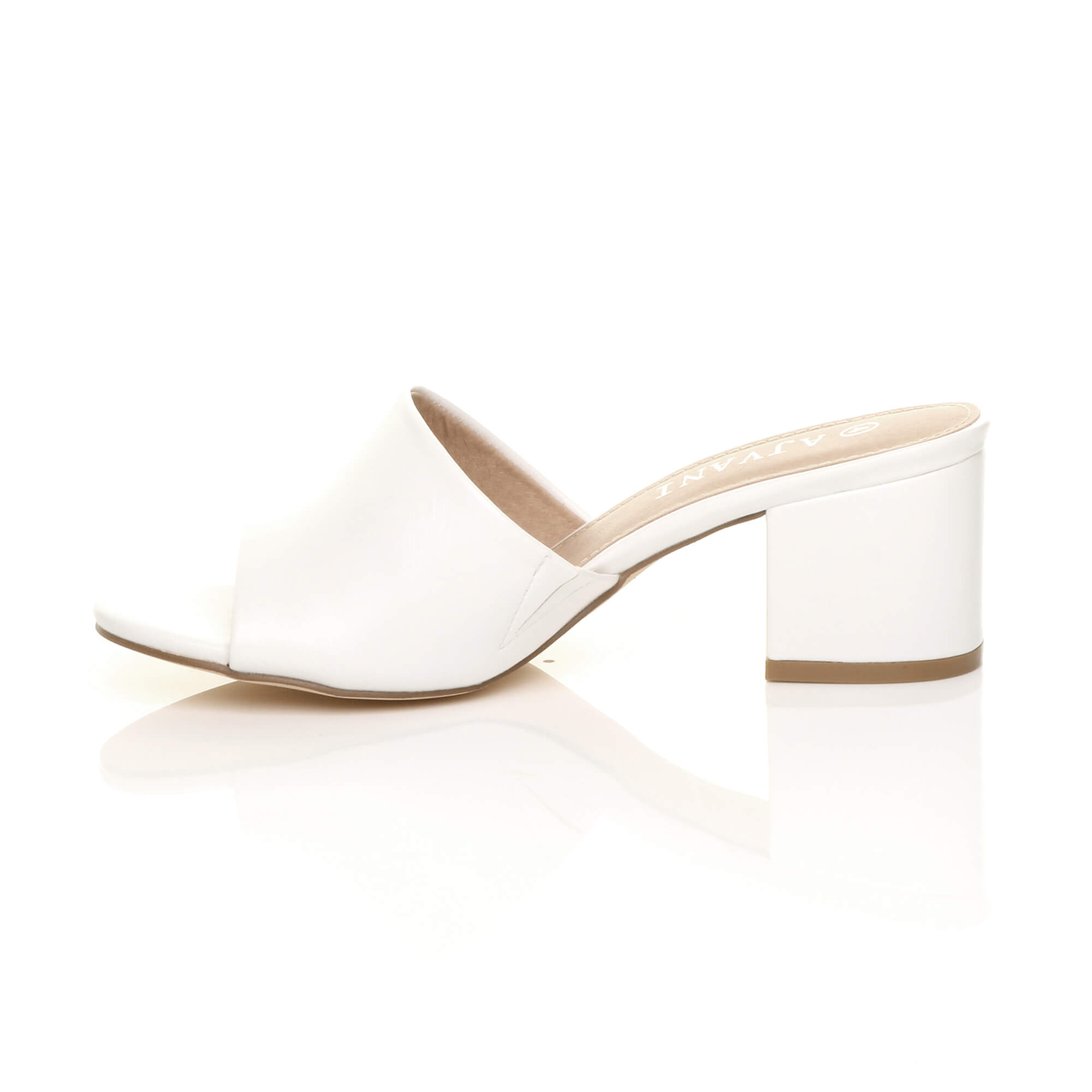 White AJVANI White Mid Block Heel Peep Toe Mules Sandals, Image 3 of 6