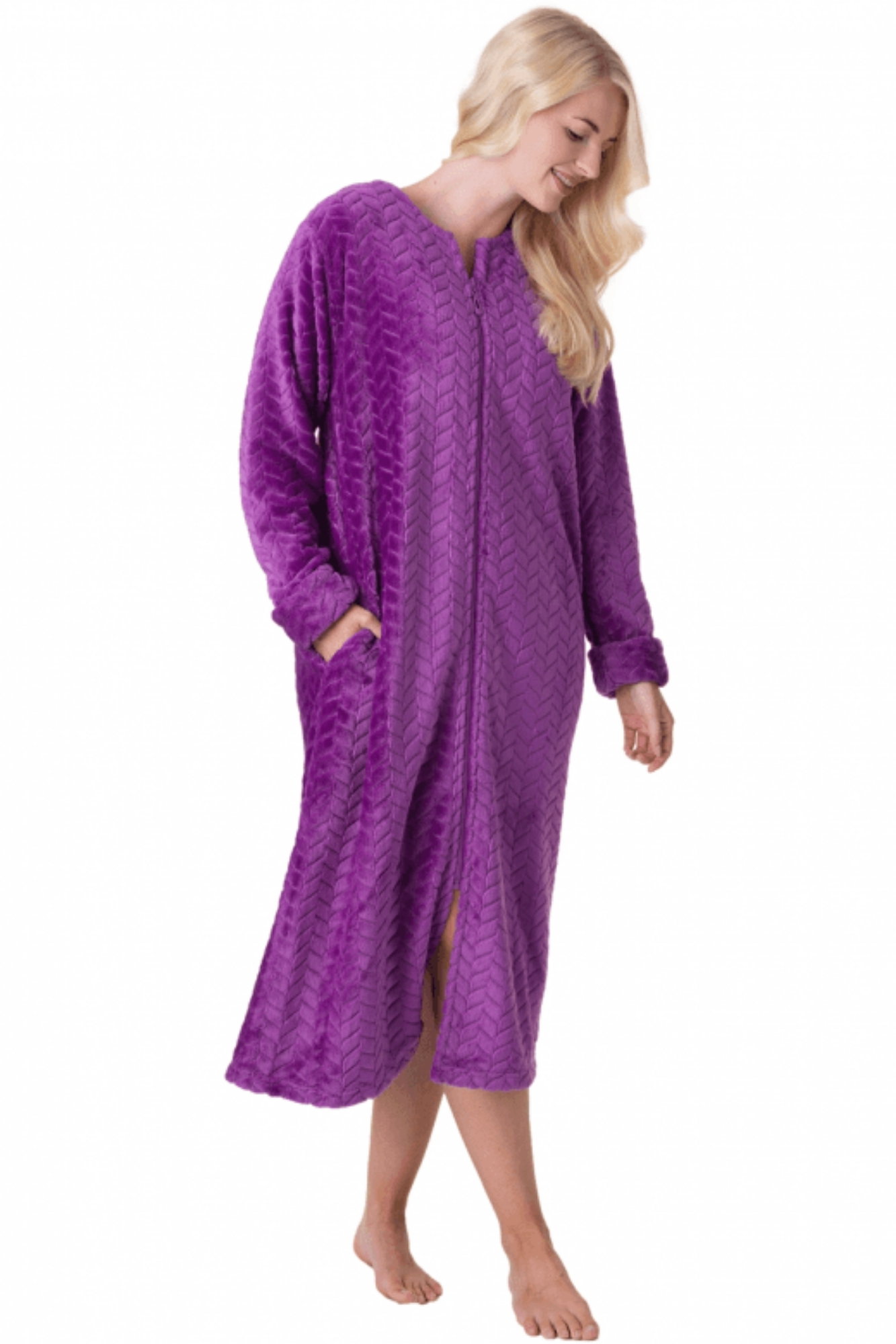Purple Camille Lingerie Purple Supersoft Zip Front Embossed Housecoat, Image 4 of 5