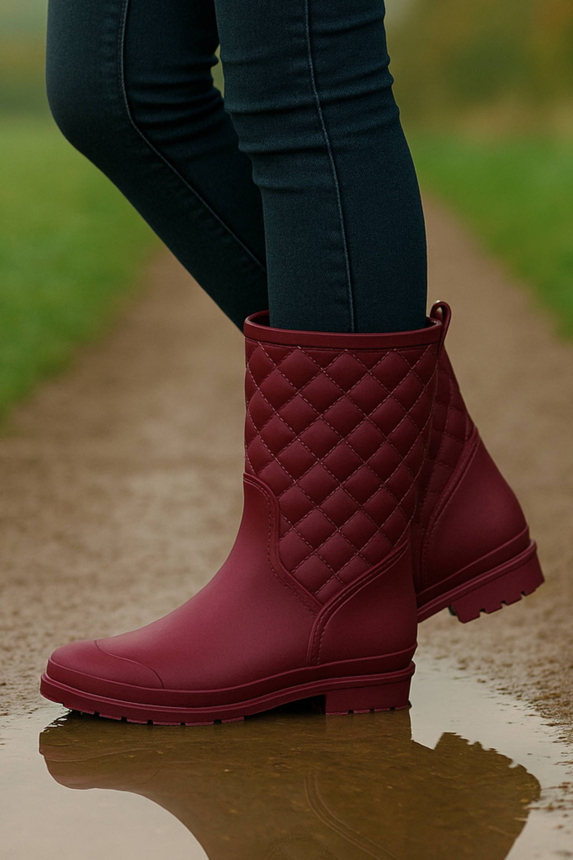 Burgundy AJVANI Burgundy Waterproof Wellingtons Quilted Ankle Boots Wellies, Image 2 of 6
