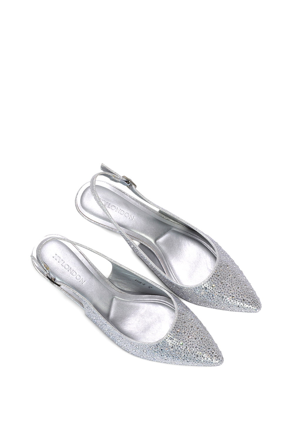 Silver XY LONDON Silver Slingback Court Shoes Pointed Kitten Heels With Crystal Details, Image 6 of 6