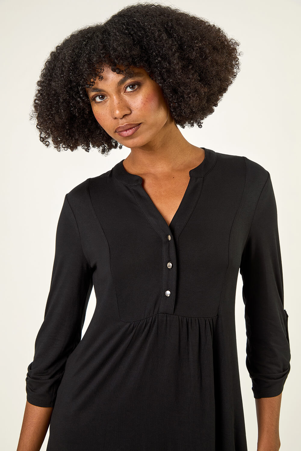 Black V-Neck Button Detail Tunic Top, Image 5 of 5