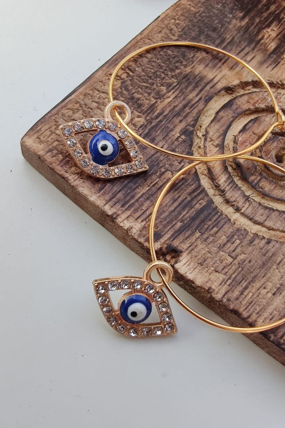 Gold Large Evil Eye Zircon Dangle Hoop Earrings, Image 3 of 7