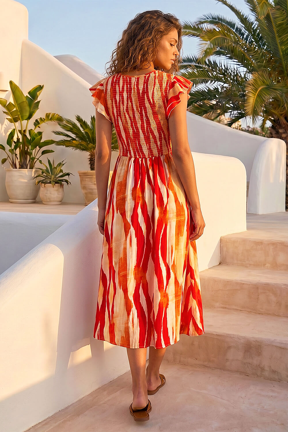 Red Wave Print Shirred Midi Dress, Image 3 of 4