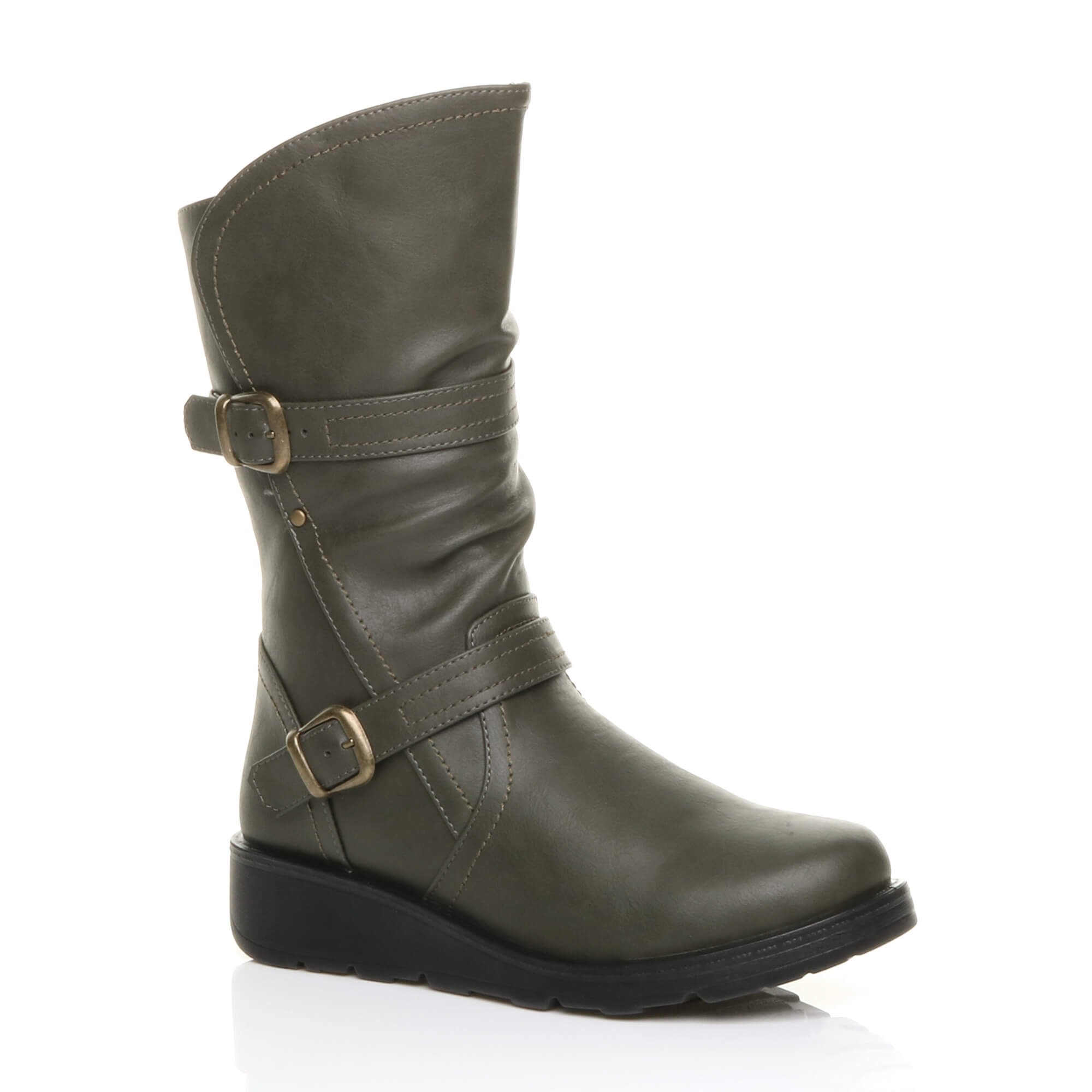 Khaki Low Wedge Heel Comfort Calf Biker Boots, Image 1 of 6