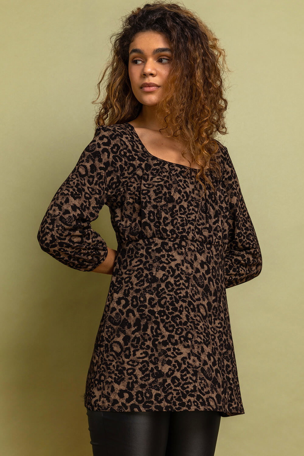 Black Animal Print 3/4 Sleeve Jersey Top, Image 1 of 5