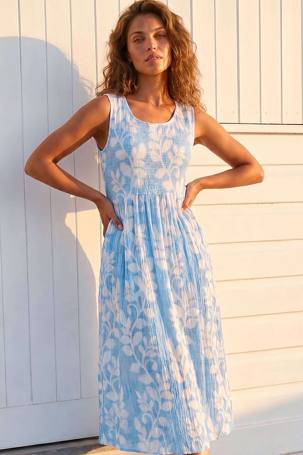 Blue Leaf Print Crinkle Midi Dress, Image 3 of 4