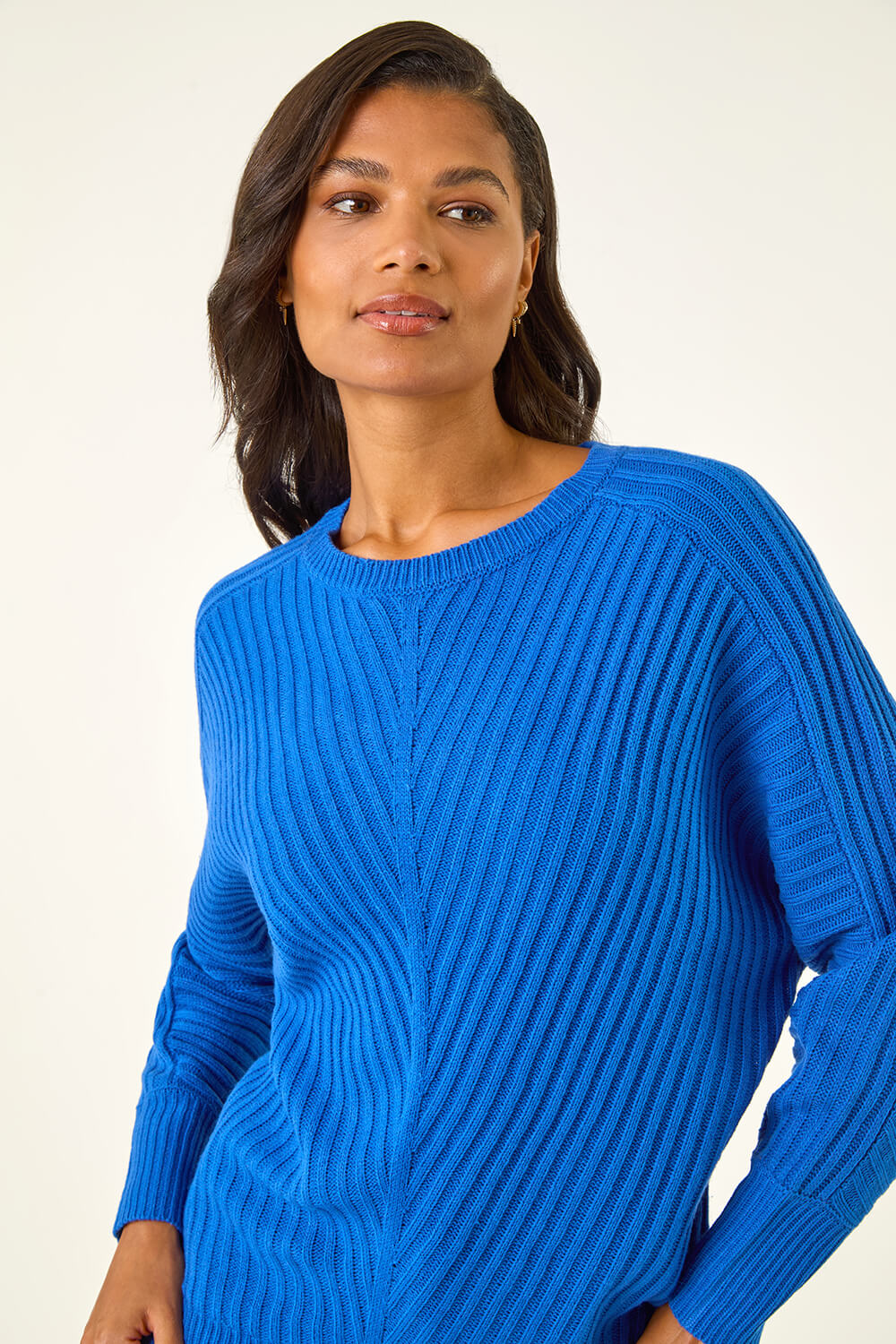 Royal Blue Ribbed Chevron Print Batwing Jumper, Image 5 of 5