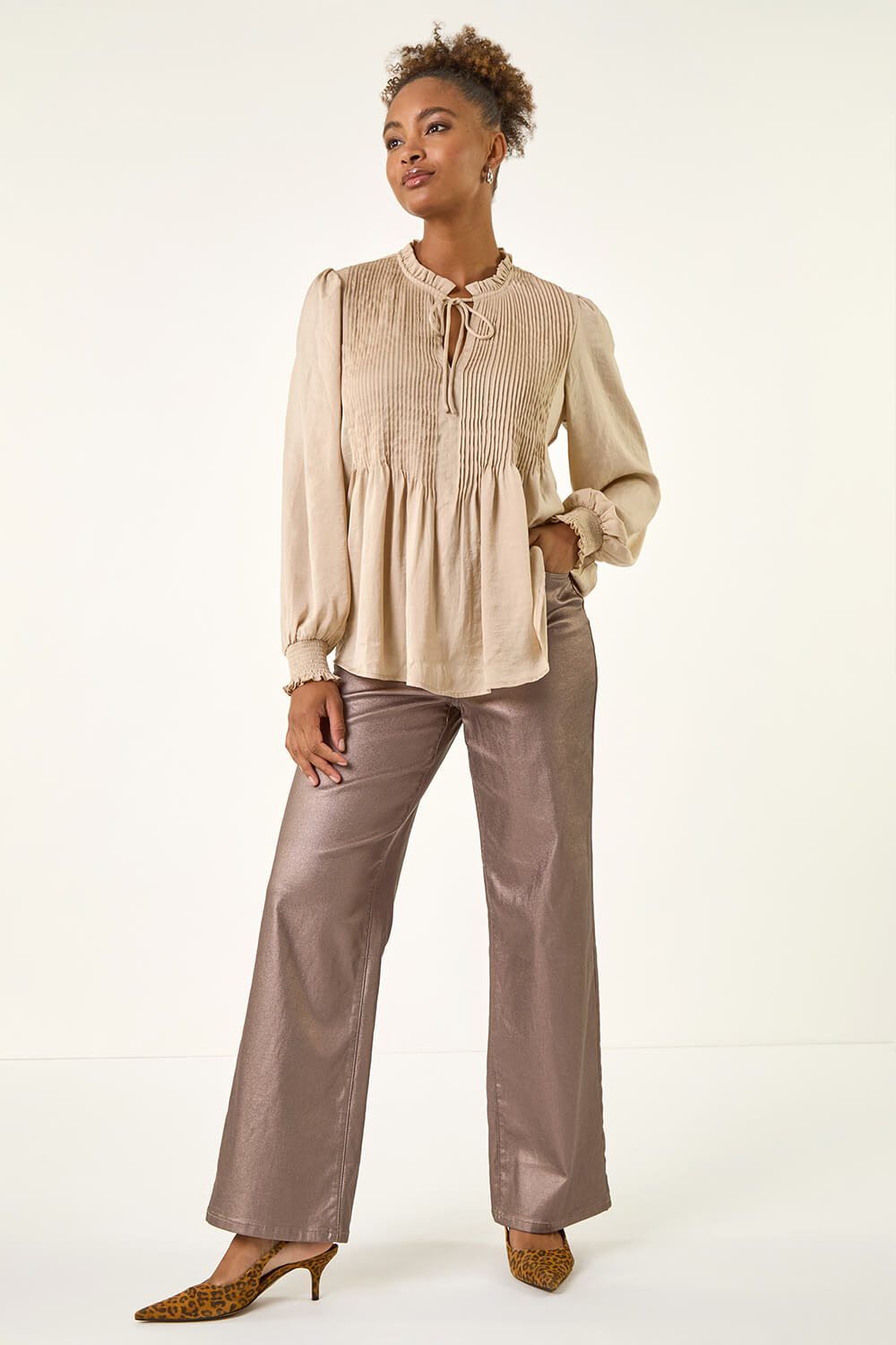 Stone Satin Pleated Tie Neck Top, Image 4 of 7