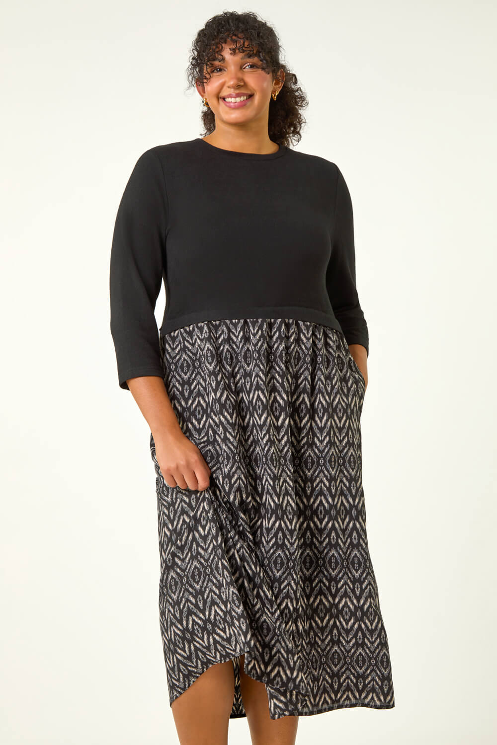 Charcoal Curve Contrast Print Skirt Midi Dress, Image 1 of 5