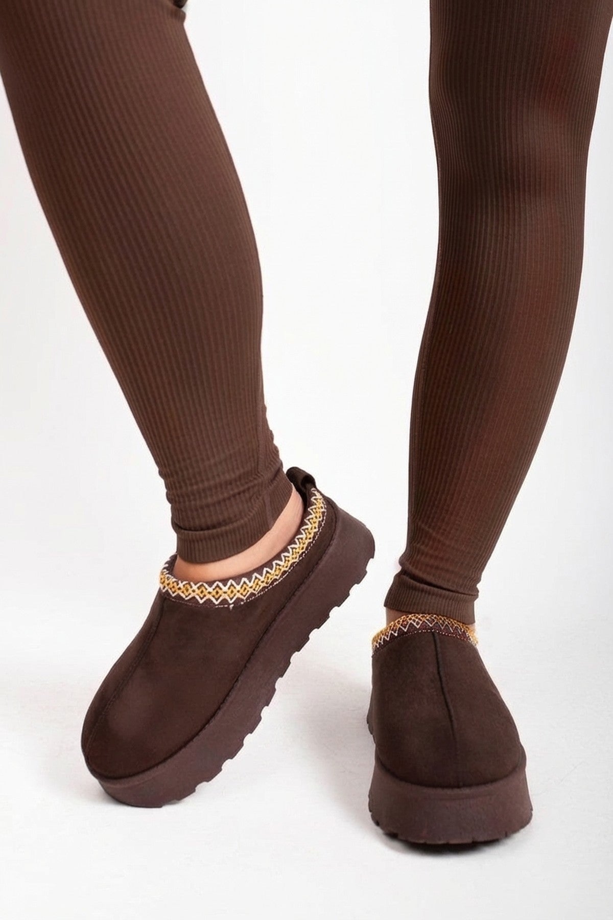 Brown iKrush Brown Jolene Aztec Detail Low Ankle Platform Slipper Boots, Image 4 of 8